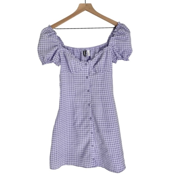 H&M Divided Gingham A Line Square Neck Ruffle Mini Dress Purple Size XS - Picture 2 of 9